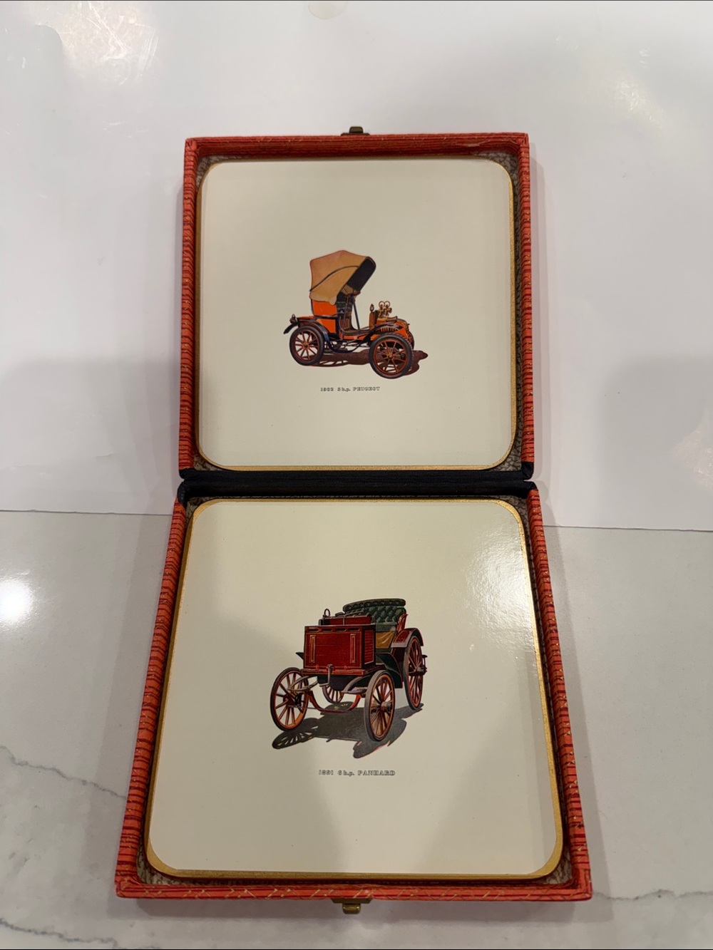 Win-El-Ware Made in England Vintage Antique Car Coaster Set of Two in Case 6”x6”